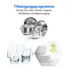 A collage of images showing different parts of a dishwasher, including kitchenware and cleaning programs. The top part displays text and images of cookware, the middle left shows glasses, and the middle right displays plates and bowls with a plant icon. Produktbild-Vorschau