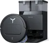 A black robot vacuum cleaner and its charging/emptying station are shown against a white background. Produktbild-Vorschau