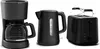 A set of three black kitchen appliances: a coffee maker, a kettle, and a toaster, arranged side-by-side on a white background. Produktbild-Vorschau