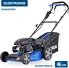 A Hyundai self-propelled lawnmower with a grass catcher is shown against a white background. Produktbild-Vorschau