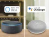 Two smart speakers, one compatible with Alexa and the other with Google Assistant, are shown side-by-side. Produktbild-Vorschau