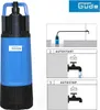 A submersible pump and instructional diagrams showing its automatic start and stop functions. Produktbild-Vorschau