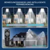 Collage showing a solar street light with different brightness settings and a remote control, along with a house illuminated by street lights at night. Produktbild-Vorschau