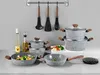 A collection of ZILNER cookware, including pots, pans, and a wok, displayed on a countertop against a gray wall. Kitchen utensils hang above. Náhľad obrázku produktu