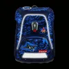 A blue backpack with a dark blue pattern, featuring reflective elements and various attached charms. The background is black. Náhled obrázku produktu