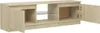 A light wood TV cabinet with two doors open, revealing storage compartments and a glass shelf. Náhled obrázku produktu