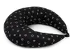 A black crescent-shaped pillow with a white geometric pattern of triangles, circles, squares, and crosses, set against a white background. Produktbild-Vorschau