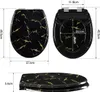 Diagrams showing the dimensions of a black toilet seat with a gold marble pattern. Produktbild-Vorschau