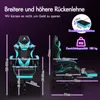 A collage of images showing a gaming chair with dimensions and features highlighted. Produktbild-Vorschau
