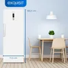 A white upright freezer is shown in a dining room setting, with dimensions indicated. Produktbild-Vorschau