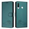 A teal flip case wallet for a Huawei P30 Lite phone, shown open and closed, with a cat design. Produktbild-Vorschau