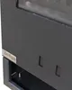 A close-up view of the side of a black metal fireplace with a silver brand logo. Produktbild-Vorschau