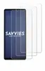 Three transparent screen protectors are shown layered on top of each other, with one protector partially covering a smartphone screen. Produktbild-Vorschau