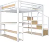 A white metal loft bed with wooden shelves and stairs against a white background. Anteprima dell’immagine prodotto