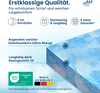 A close-up of a blue foam mattress topper with marketing text and icons overlaid. Produktbild-Vorschau