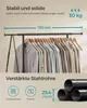 A clothing rack with clothes hanging on it, along with marketing text and diagrams. Produktbild-Vorschau