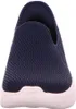 A close-up front view of a navy blue Skechers slip-on sneaker with a white sole. Produktbild-Vorschau
