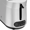 A close-up view of the side of a silver toaster with black controls. Produktbild-Vorschau