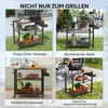 A collage of four images showing a grill cart used in different scenarios: as a pizza oven stand, a plant stand, a mobile kitchen island, and a food preparation station. Produktbild-Vorschau