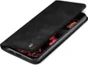 A black flip case for a smartphone is shown open, revealing the phone's screen with a red and black abstract pattern. Produktbild-Vorschau