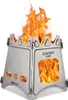 A silver Lixada titanium wood stove with flames burning inside, shown on a white background. Podgląd zdjęcia produktu