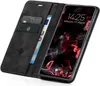 A black flip case for a smartphone, open to reveal the phone screen and card slots. Produktbild-Vorschau