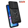 A black smartphone case with a ring stand and camera cover is shown on a white background. Produktbild-Vorschau