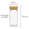 A clear product shot of a glass jar with a bamboo lid, showing dimensions and fill volume. Produktbild-Vorschau