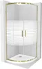 A modern shower cabin with a gold frame and a striped glass pattern, set against a marble-tiled background. Podgląd zdjęcia produktu