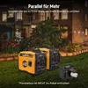 Two portable generators are connected in parallel in a garden setting at dusk, with a house in the background. Podgląd zdjęcia produktu