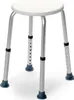A white shower stool with adjustable silver legs and blue feet, isolated on a white background. Produktbild-Vorschau