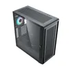 A black computer tower case with a tempered glass side panel, shown from a high angle. Produktbild-Vorschau