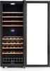 An open wine cooler refrigerator with wooden shelves, showing its interior. Produktbild-Vorschau