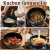 A collage of four images showing different meals being prepared in a black pot with a wooden handle. Produktbild-Vorschau