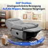 A gray recliner chair in a living room setting, with text overlays highlighting its features. Produktbild-Vorschau