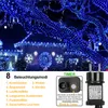 A house and tree decorated with blue string lights for a festive occasion. Produktbild-Vorschau