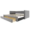 A gray upholstered daybed with two drawers pulled out, showing the wooden slats of the bed frame. Produktbild-Vorschau
