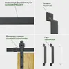 A collage of four images showcasing details of a sliding door hardware system, including its coating, assembly, compatibility, and color options. Produktbild-Vorschau