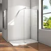 A modern walk-in shower enclosure with a glass panel and a white shower tray, set against a white tiled wall and a wooden floor, with natural light coming from a window. Produktbild-Vorschau