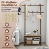 A product image showing a coat rack with a bench and shelves, with marketing text and icons on the left side. Produktbild-Vorschau