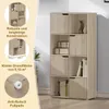 A multi-panel image showcasing a light wood bookshelf with various compartments, some of which have doors. Text overlays highlight features like "Robust and durable construction," dimensions, and "Anti-slip feet." Produktbild-Vorschau