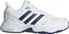 A white Adidas sneaker with navy blue stripes and sole. Voir les images du produit