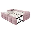 A pink sofa bed is shown in its extended state, revealing the slatted mattress base. Produktbild-Vorschau
