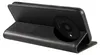 A black flip case for a smartphone is shown from a side angle, with the phone inside and its camera module visible. Produktbild-Vorschau