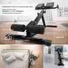 A black fitness bench is shown in various settings, highlighting its features and portability. Produktbild-Vorschau