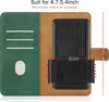 A flip-style phone case is shown open, revealing the interior card slots and the phone holder. Dimensions and compatibility information are displayed. Voir les images du produit