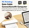 A portable printer is shown connected to a laptop via a USB hub, with a close-up inset of the printer's connection port. Náhľad obrázku produktu
