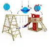 A wooden playground set with a climbing net, swings, a slide, and a playhouse, presented on a white background with illustrative elements. Podgląd zdjęcia produktu