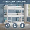 A white triple bunk bed with pillows and a decorative garland, set against a blue wall. Three circular icons with text are at the bottom. Náhľad obrázku produktu