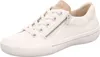A white leather sneaker with a tan accent on the heel tab and a silver zipper on the side. Produktbild-Vorschau